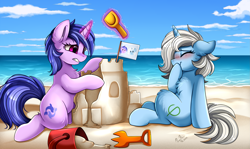 Size: 3117x1857 | Tagged: safe, artist:pridark, imported from derpibooru, sea swirl, seafoam, oc, oc:eula phi, pony, unicorn, background pony, beach, bucket, chest fluff, commission, duo, ear fluff, female, magic, mare, ocean, sand castle, sandcastle, telekinesis