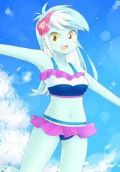 Size: 841x1200 | Tagged: safe, artist:kinona, imported from derpibooru, lyra heartstrings, equestria girls, adorasexy, armpits, attached skirt, belly button, bikini, blushing, breasts, busty lyra heartstrings, clothes, cute, female, frilled swimsuit, lens flare, lyra heartstrings swimsuit, lyrabetes, midriff, miniskirt, moe, open mouth, pixiv, sexy, skirt, sky, smiling, solo, swimsuit, thighs