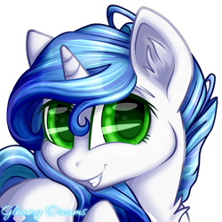 Size: 894x894 | Tagged: safe, artist:gleamydreams, imported from derpibooru, oc, oc only, oc:gleamy, pony, unicorn, curly hair, digital art, ear fluff, female, green eyes, looking at you, mare, smiling, solo