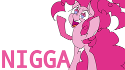 Size: 960x540 | Tagged: safe, deleted from derpibooru, imported from derpibooru, pinkie pie, earth pony, pony, the ending of the end, leak, cupcake, faic, food, giant pony, insanity, macro, nigga, solo, vulgar, wingding eyes