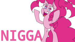 Size: 960x540 | Tagged: safe, artist:treble clefé, imported from derpibooru, pinkie pie, earth pony, pony, the ending of the end, female, insanity, mare, mouthpiece, nigga, out of character, simple background, slur, solo, vector, vulgar, white background, wingding eyes