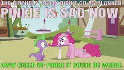 Size: 641x361 | Tagged: safe, edit, edited screencap, editor:undeadponysoldier, imported from derpibooru, screencap, pinkie pie, spike, dragon, earth pony, pony, too many pinkie pies, caption, female, head on table, image macro, male, mare, poor pinkie pie, sad, table, text