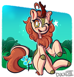 Size: 860x898 | Tagged: safe, artist:duckoiii, imported from derpibooru, autumn blaze, kirin, awwtumn blaze, cloven hooves, cute, female, flower, foal's breath, looking at you, one eye closed, quadrupedal, sitting, smiling, solo, white pupils, wink