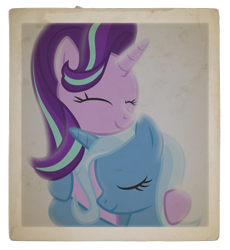 Size: 1200x1302 | Tagged: safe, artist:lightning stripe, artist:saphire-systrine, imported from derpibooru, starlight glimmer, trixie, pony, unicorn, couple, cuddling, cute, diatrixes, duo, eyes closed, female, glimmerbetes, happy, hug, lesbian, mare, paper, shipping, show accurate, startrix