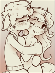 Size: 701x933 | Tagged: safe, artist:blvckmagic, imported from derpibooru, oc, oc:idle thoughts, oc:silverheart, pony, unicorn, afro, blushing, clothes, hug, kissing