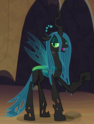 Size: 421x550 | Tagged: safe, imported from derpibooru, screencap, queen chrysalis, changeling, changeling queen, frenemies (episode), cropped, crown, female, jewelry, needs more jpeg, open mouth, raised hoof, regalia, solo