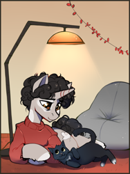 Size: 3000x4000 | Tagged: safe, artist:share dast, imported from derpibooru, oc, oc:idle thoughts, cat, unicorn, bean bag chair, beanbag chair, clothes, lamp, tired