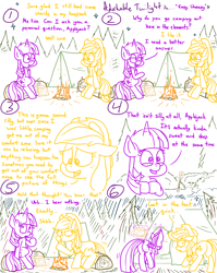 Size: 1280x1611 | Tagged: safe, artist:adorkabletwilightandfriends, imported from derpibooru, applejack, twilight sparkle, alicorn, earth pony, pony, comic:adorkable twilight and friends, adorkable, adorkable twilight, alert, bending, butt, camp ground, camp site, campfire, camping, comic, cute, dork, fire, food, forest, humor, log, looking back, marshmallow, memories, nervous, night, plot, silence, sitting, slice of life, tent, tree, twilight sparkle (alicorn)