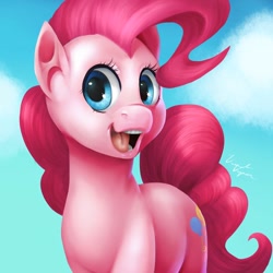 Size: 894x894 | Tagged: safe, artist:vividvapor, imported from derpibooru, pinkie pie, earth pony, pony, cloud, cute, diapinkes, female, looking at you, mare, open mouth, sky, solo