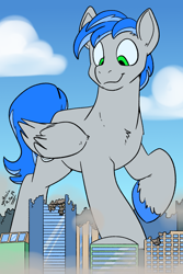 Size: 1200x1800 | Tagged: safe, artist:goat train, imported from derpibooru, oc, oc:record melodie, pegasus, pony, city, commission, destruction, giant pony, hooves, looking down, macro, male, manehattan, scenery, smiling, solo