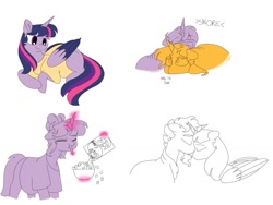 Size: 1032x774 | Tagged: safe, artist:doodletheexpoodle, imported from derpibooru, sunburst, twilight sparkle, twilight sparkle (alicorn), alicorn, cereal, cereal box, clothes, colored wings, colored wingtips, female, food, male, missing cutie mark, preglight sparkle, pregnancy cravings, pregnant, shipping, shirt, simple background, sleeping, snoring, straight, twiburst, white background