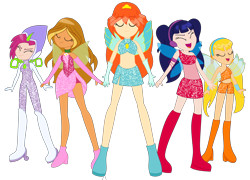 Size: 3536x2544 | Tagged: safe, artist:yaya54320, artist:yaya54320bases, imported from derpibooru, fairy, equestria girls, bare shoulders, barely eqg related, base used, bloom, bloom (winx club), boots, clothes, convergence, crossover, dress, equestria girls style, equestria girls-ified, fairies, fairies are magic, fairy wings, fingerless gloves, flora, flora (winx club), gloves, headphones, high heel boots, high heels, magic winx, midriff, miniskirt, musa, pink dress, pink shoes, rainbow s.r.l, red dress, red shoes, shoes, side slit, skirt, sparkly, stella, stella (winx club), strapless, tecna, transformation, wings, winx, winx club