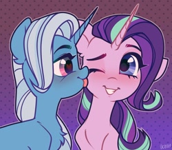 Size: 1452x1269 | Tagged: safe, artist:vensual99, imported from derpibooru, starlight glimmer, trixie, pony, unicorn, abstract background, blushing, chest fluff, cute, duo, female, heart eyes, lesbian, licking, mare, one eye closed, rcf community, shipping, smiling, startrix, tongue out, wingding eyes