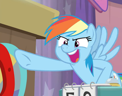 Size: 473x375 | Tagged: safe, edit, imported from derpibooru, screencap, rainbow dash, pegasus, pony, a trivial pursuit, cropped, female, mare, open mouth, pointing, reaction image, solo