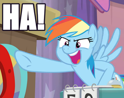 Size: 473x375 | Tagged: safe, edit, edited screencap, imported from derpibooru, screencap, rainbow dash, pegasus, pony, a trivial pursuit, caption, cropped, faic, female, image macro, impact font, open mouth, pointing, solo, text