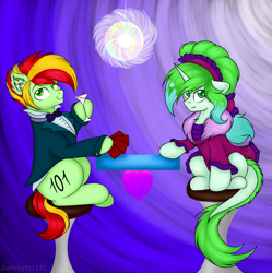 Size: 1958x1967 | Tagged: safe, artist:darklight1315, imported from derpibooru, oc, oc only, earth pony, pony, unicorn, card, clothes, cutie mark, female, male, mare, sitting, stallion, stool