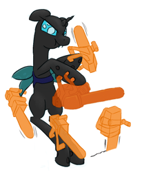 Size: 512x576 | Tagged: artist needed, safe, imported from derpibooru, changeling, /mlp/, chainsaw, drawthread, lego, misunderstanding, orange transparent chainsaws