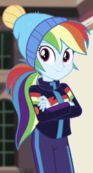 Size: 396x732 | Tagged: safe, imported from derpibooru, screencap, rainbow dash, equestria girls, equestria girls series, holidays unwrapped, spoiler:eqg series (season 2), blizzard or bust, cropped, crossed arms, cute, dashabetes, female, solo, winter outfit