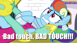 Size: 1920x1080 | Tagged: safe, edit, edited screencap, imported from derpibooru, screencap, rainbow dash, zephyr breeze, pegasus, pony, sparkle's seven, alternate hairstyle, armor, bad touch, caption, ear piercing, earring, female, image macro, jewelry, male, mare, megaradash, on back, personal space invasion, piercing, royal guard, royal guard zephyr breeze, solo focus, stallion, text