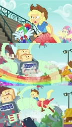 Size: 1200x2096 | Tagged: safe, imported from derpibooru, screencap, applejack, fluttershy, jvj-24601, rainbow dash, robot, cheer you on, equestria girls, equestria girls series, spoiler:eqg series (season 2), fight, super ponied up, team, transformation