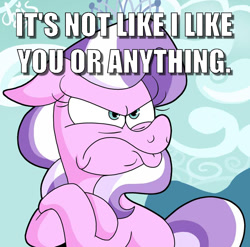 Size: 900x888 | Tagged: safe, artist:chrissie-boo, imported from derpibooru, diamond tiara, caption, diamond tsundiara, grumpy, image macro, text, tsundere