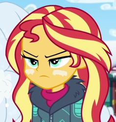 Size: 582x615 | Tagged: safe, imported from derpibooru, screencap, sunset shimmer, equestria girls, equestria girls series, holidays unwrapped, spoiler:eqg series (season 2), clothes, coat, cropped, saving pinkie's pie, snow, warface