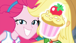 Size: 1920x1080 | Tagged: safe, imported from derpibooru, screencap, applejack, pinkie pie, do it for the ponygram!, equestria girls, equestria girls series, spoiler:eqg series (season 2), cupcake, cute, diapinkes, duo, duo female, female, food, frosting, geode of sugar bombs, geode of super strength, grin, magic cupcake touch, magical geodes, smiling, strawberry coconut cupcake