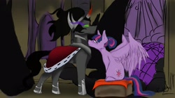 Size: 2560x1440 | Tagged: safe, artist:rudyrusek, imported from derpibooru, king sombra, twilight sparkle, alicorn, pony, alternate hairstyle, blushing, cutie mark, female, hair bun, jewelry, male, mare, regalia, shipping, sitting, smiling, spread wings, stallion, straight, twibra, twilight sparkle (alicorn), wings