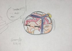 Size: 2178x1535 | Tagged: safe, artist:gmangamer25, imported from derpibooru, stellar flare, pony, unicorn, bondage, box, capsule, dialogue, encasement, eyes closed, female, mare, solo, traditional art