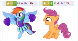 Size: 720x386 | Tagged: safe, artist:cyanlightning, artist:paulysentry, deleted from derpibooru, edit, imported from derpibooru, rainbow dash, scootaloo, pegasus, pony, derpibooru, cheerleader, cheerleader outfit, cheerleader rainbow dash, clothes, juxtaposition, meta