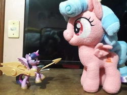 Size: 825x619 | Tagged: safe, imported from derpibooru, cozy glow, twilight sparkle, alicorn, armor, guardians of harmony, irl, misadventures of the guardians, photo, plushie, size difference, spear, toy, twilight sparkle (alicorn), weapon