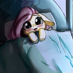 Size: 4000x4000 | Tagged: safe, artist:miokomata, imported from derpibooru, fluttershy, pony, bed, blushing, cute, daaaaaaaaaaaw, female, floppy ears, freckles, hnnng, overhead view, precious, shyabetes, smol, solo, sweet dreams fuel, weapons-grade cute