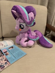 Size: 1536x2048 | Tagged: safe, artist:klplushies, imported from derpibooru, starlight glimmer, pony, unicorn, couch, cute, female, glimmerbetes, magazine, photo, plushie, reading, sitting, solo, tongue out