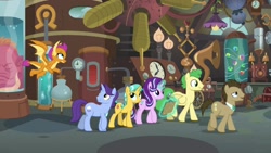 Size: 1920x1080 | Tagged: safe, imported from derpibooru, screencap, citrine spark, doctor whooves, fire quacker, huckleberry, november rain, smolder, starlight glimmer, time turner, dragon, pony, a horse shoe-in, friendship student, magic
