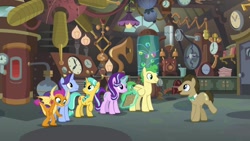 Size: 1920x1080 | Tagged: safe, imported from derpibooru, screencap, citrine spark, doctor whooves, fire quacker, huckleberry, november rain, smolder, starlight glimmer, time turner, dragon, pony, a horse shoe-in, friendship student, magic