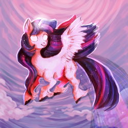 Size: 700x700 | Tagged: safe, artist:temary03, imported from derpibooru, twilight sparkle, alicorn, pony, cloud, female, flying, glowing eyes, mare, sky, solo, twilight sparkle (alicorn)