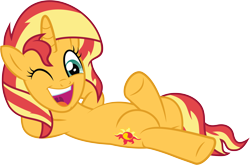 Size: 5340x3517 | Tagged: safe, artist:wissle, imported from derpibooru, sunset shimmer, pony, unicorn, a horse shoe-in, absurd resolution, arm behind head, crossed legs, cute, female, happy, laid back, looking at you, mare, misleading thumbnail, on back, one eye closed, open mouth, palette swap, reclining, recolor, shimmerbetes, simple background, solo, sunset shimmer day, transparent background, vector, wink