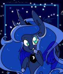 Size: 1466x1732 | Tagged: safe, artist:p-l-u-m-b-u-m, imported from derpibooru, princess luna, alicorn, pony, blushing, colored pupils, cute, ear fluff, eye clipping through hair, female, looking at you, lunabetes, mare, solo, spread wings, stars, transparent mane, wings