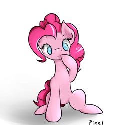 Size: 1024x1024 | Tagged: safe, artist:novabytes, imported from derpibooru, pinkie pie, earth pony, pony, cute, diapinkes, female, mare, no pupils, simple background, sitting, solo, white background