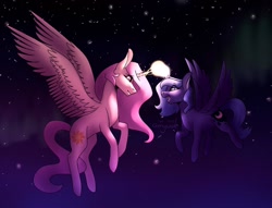 Size: 1280x978 | Tagged: safe, artist:amyszek, imported from derpibooru, princess celestia, princess luna, alicorn, pony, aurora borealis, duo, eye contact, female, flying, glowing horn, horn, horns are touching, looking at each other, magic, mare, night, pink-mane celestia, remake, s1 luna, siblings, signature, sisters, smiling, younger