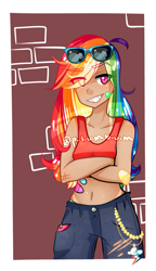 Size: 701x1213 | Tagged: safe, artist:p-l-u-m-b-u-m, imported from derpibooru, rainbow dash, human, bandaid, belly button, clothes, crossed arms, cute, cutie mark, dashabetes, eye clipping through hair, eyebrows, eyebrows visible through hair, female, humanized, midriff, phone, ripped pants, solo, sports bra, sunglasses