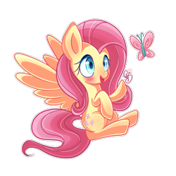 Size: 2000x2000 | Tagged: safe, artist:soloya64, imported from derpibooru, fluttershy, butterfly, pegasus, pony, blushing, cute, female, mare, shyabetes, simple background, sitting, solo, spread wings, transparent background, wings