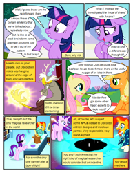 Size: 612x792 | Tagged: safe, artist:newbiespud, edit, edited screencap, imported from derpibooru, screencap, applejack, discord, fluttershy, starlight glimmer, sunburst, twilight sparkle, draconequus, earth pony, pegasus, pony, unicorn, comic:friendship is dragons, celestial advice, angry, black hole, cloak, clothes, coat markings, comic, dialogue, female, flower, freckles, glowing hands, glowing horn, goggles, hat, horn, log, magic, male, mare, messy mane, open mouth, picnic blanket, raised hoof, screencap comic, sitting, socks (coat marking), socks (coat markings), stallion, surprised, telekinesis, unicorn twilight