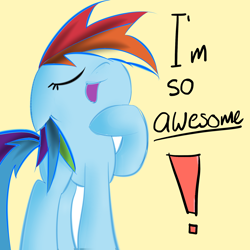 Size: 2000x2000 | Tagged: safe, artist:strangemoose, imported from derpibooru, rainbow dash, pony, awesome, cute, dashabetes, exclamation point, eyes closed, female, floppy ears, haughty, mare, narcissism, nose in the air, open mouth, simple background, solo, yellow background