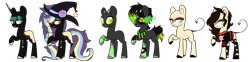 Size: 2272x567 | Tagged: safe, artist:celestial-rue0w0, artist:lullabyprince, artist:rukemon, imported from derpibooru, oc, oc only, oc:acute toxicity, oc:lustful thrill, oc:pyrite (witch), earth pony, pony, unicorn, bandage, bandana, base used, blank flank, clothes, eyepatch, eyeshadow, female, fishnets, flower, freckles, friday the 13th, hat, heterochromia, horns, jason voorhees, makeup, male, mare, markings, multicolored hair, raised hoof, rose, serial killer, shirt, simple background, stallion, stockings, t-shirt, tattoo, thigh highs, torn clothes, transparent background, unshorn fetlocks, witch, witch hat