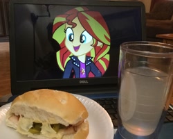 Size: 3056x2447 | Tagged: safe, imported from derpibooru, sunset shimmer, equestria girls, computer, cup, food, juice, laptop computer, lemonade, photo, plate, sandwich, waifu dinner