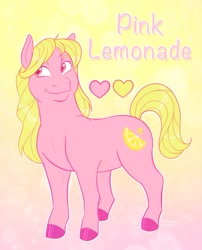 Size: 803x995 | Tagged: safe, artist:goldypirate, imported from derpibooru, oc, oc only, oc:pink lemonade, earth pony, pony, abstract background, cutie mark, female, food, heart, lemon, mare, ponysona, solo