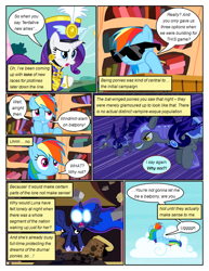 Size: 612x792 | Tagged: safe, artist:newbiespud, edit, edited screencap, imported from derpibooru, screencap, echo (g4), nocturn, princess luna, rainbow dash, rarity, alicorn, bat pony, pegasus, pony, comic:friendship is dragons, testing testing 1-2-3, ancient wonderbolts uniform, armor, book, bookcase, bookshelf, clothes, cloud, comic, dialogue, female, flying, glowing eyes, golden oaks library, grin, hat, hoof shoes, male, mare, night guard, on a cloud, screencap comic, smiling, stallion, sunglasses, thinking, uniform