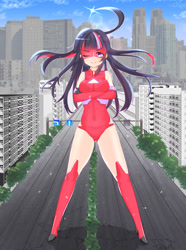 Size: 1351x1815 | Tagged: safe, artist:てると, imported from derpibooru, twilight sparkle, human, city, female, giantess, humanized, macro, one eye closed, smiling, solo, superhero, superhero costume, wink