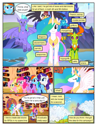 Size: 612x792 | Tagged: safe, artist:newbiespud, edit, edited screencap, imported from derpibooru, screencap, applejack, fluttershy, grampa gruff, pinkie pie, prince rutherford, princess celestia, princess ember, rainbow dash, rarity, seaspray, thorax, twilight sparkle, alicorn, changedling, changeling, classical hippogriff, dragon, earth pony, griffon, hippogriff, pegasus, pony, unicorn, yak, comic:friendship is dragons, school daze, big crown thingy, blind eye, book, bookshelf, canterlot, cloud, comic, dialogue, dragoness, ethereal mane, eye scar, eyes closed, female, fez, flying, grin, hat, hoof shoes, jewelry, king thorax, looking up, male, mane six, mare, meme, mountain, open mouth, peytral, rainbow, raised hoof, regalia, scar, screencap comic, smiling, surprised, unicorn twilight